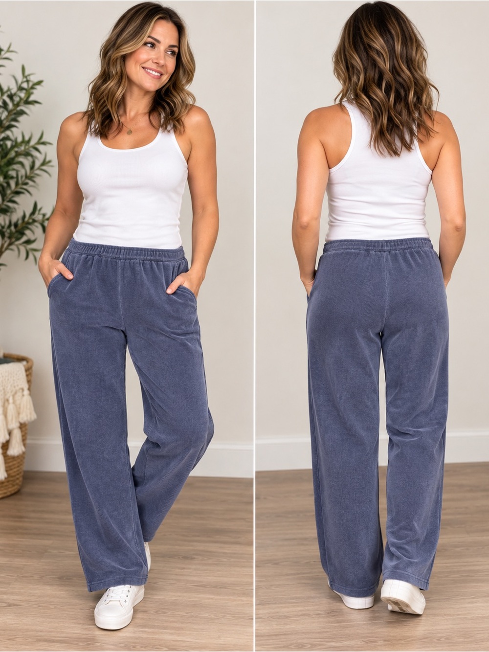 L.L.Bean Women’s 1X Blue Corduroy Pull-On Pants Relaxed Straight Leg Pockets